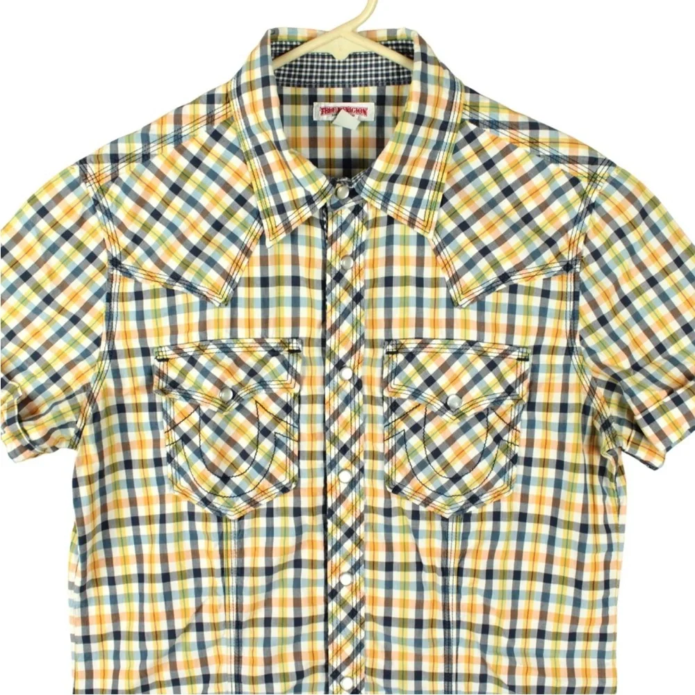 True Religion Men Western Plaid Pearl Snap Short Sleeve Shirt size S Yellow